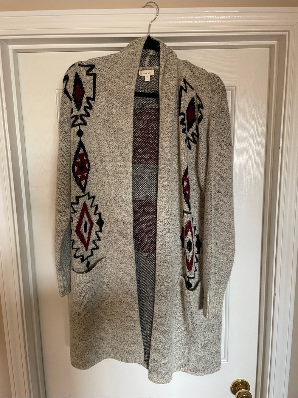 Madewell Gray Open-Front Cardigan with Burgundy & Black Aztec Motifs - Picture 1 of 1